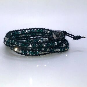 Victoria Emerson Silver Grey Green Crystal Black Leather Wrap Bracelet 34” - 35”